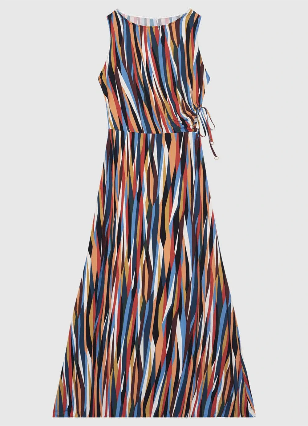 Enfim - Vestido Mídi Evasê Abstrato com Amarração Azul