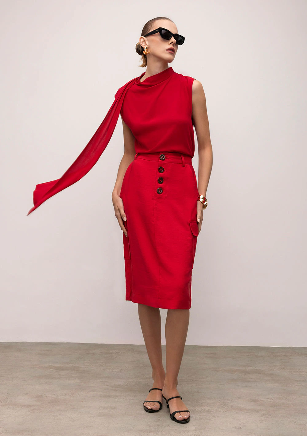 Saia Iódice Midi Cargo Bolso Lateral Vermelho