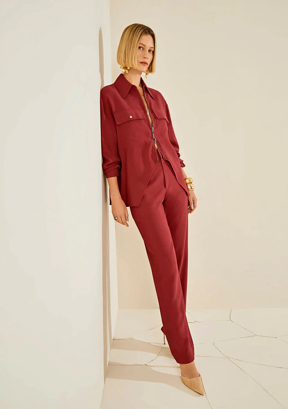 Camisa Morena Rosa Ajustada Gola Clássica Manga Longa Padrão Vermelho