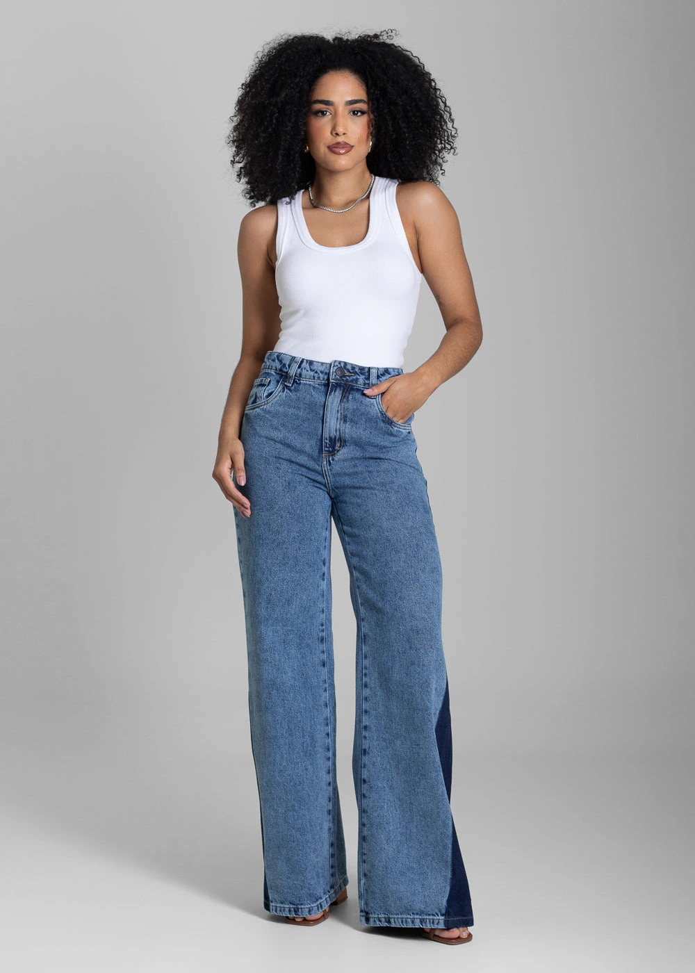 Calça Jeans Sawary Wide Leg Bicolor - 282287 AZUL