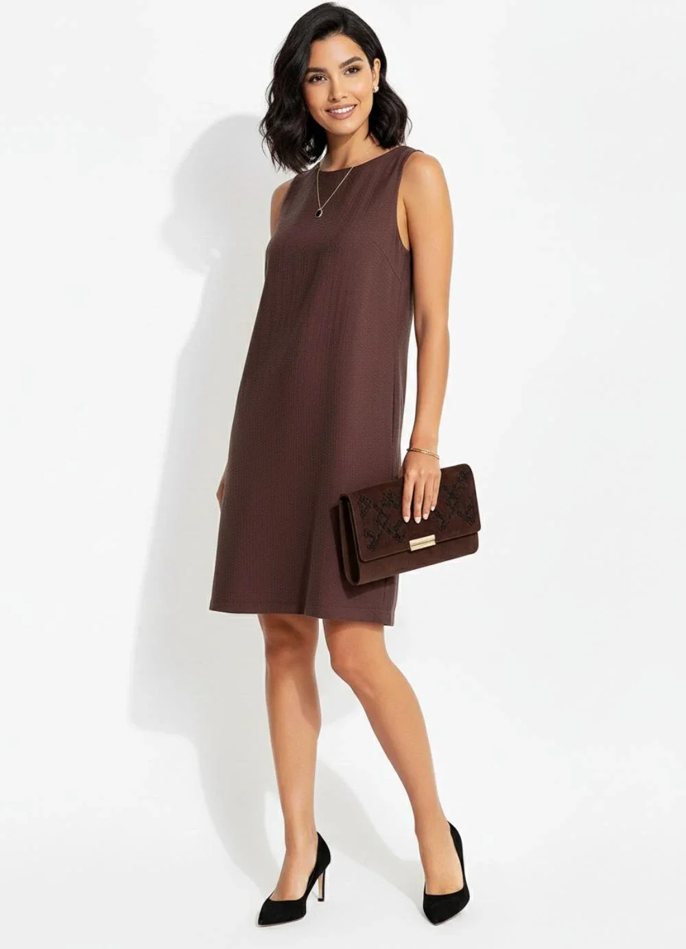 Quintess - Vestido Marrom em Viscose Plana Sarjada