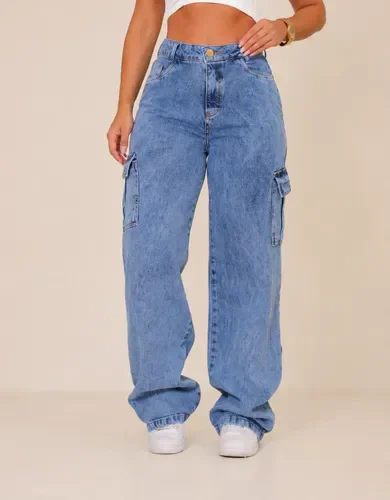 Calça Cargo Jeans Feminina Wide Leg Cintura Alta Stillger