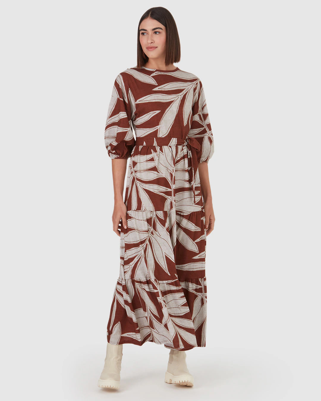 Vestido Midi Feminino Folhas Manga 3/4 Em Algodão