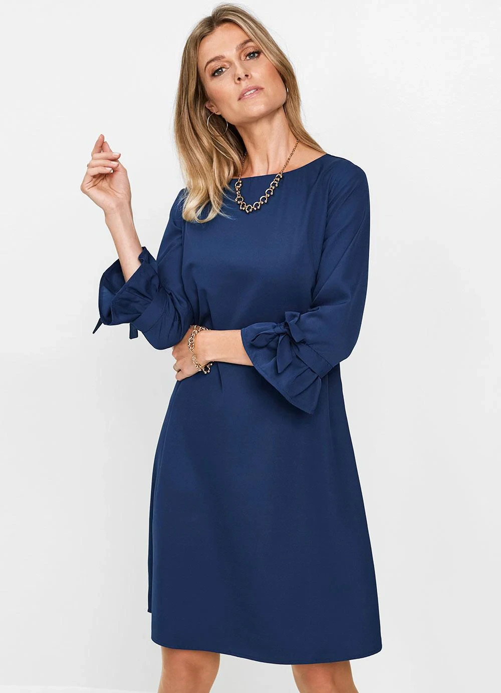 bonprix - Vestido Azul Marinho em Viscose Plana Rajada