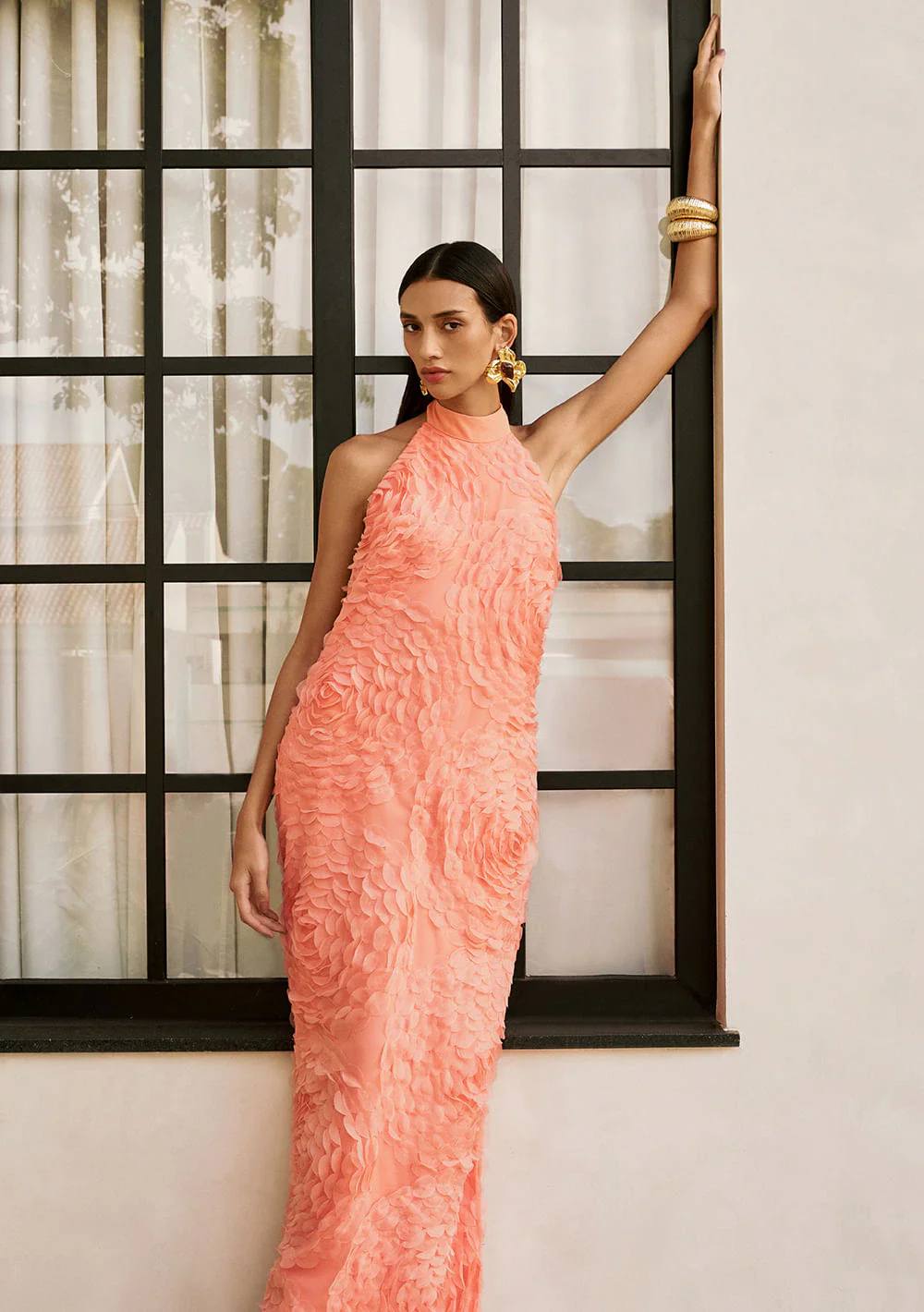 Vestido Iódice Solto Gola Alta Sem Manga Longo Laranja