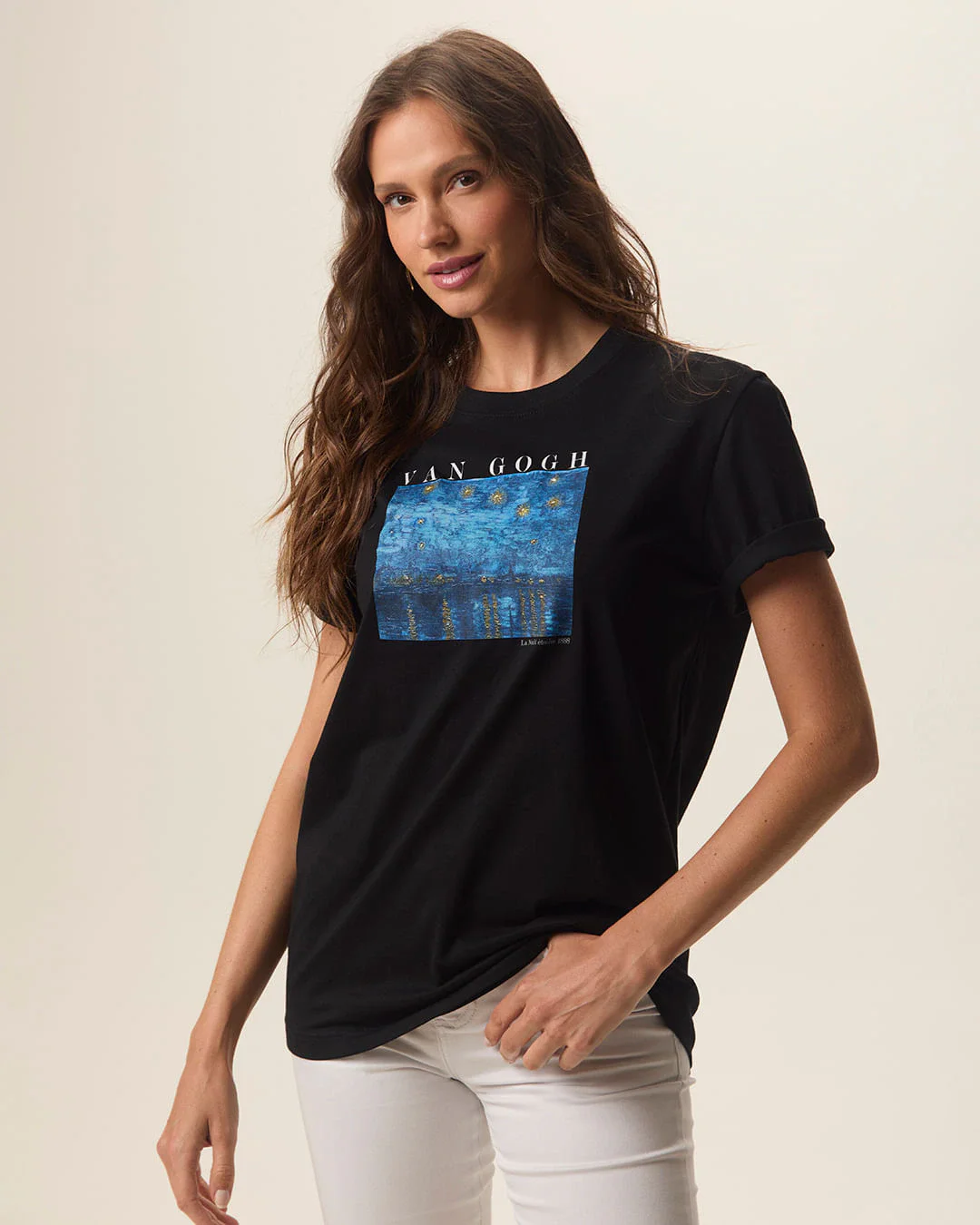 Camiseta Feminina Alongada Especial Van Gogh A Noite Estrelada Em Algodão