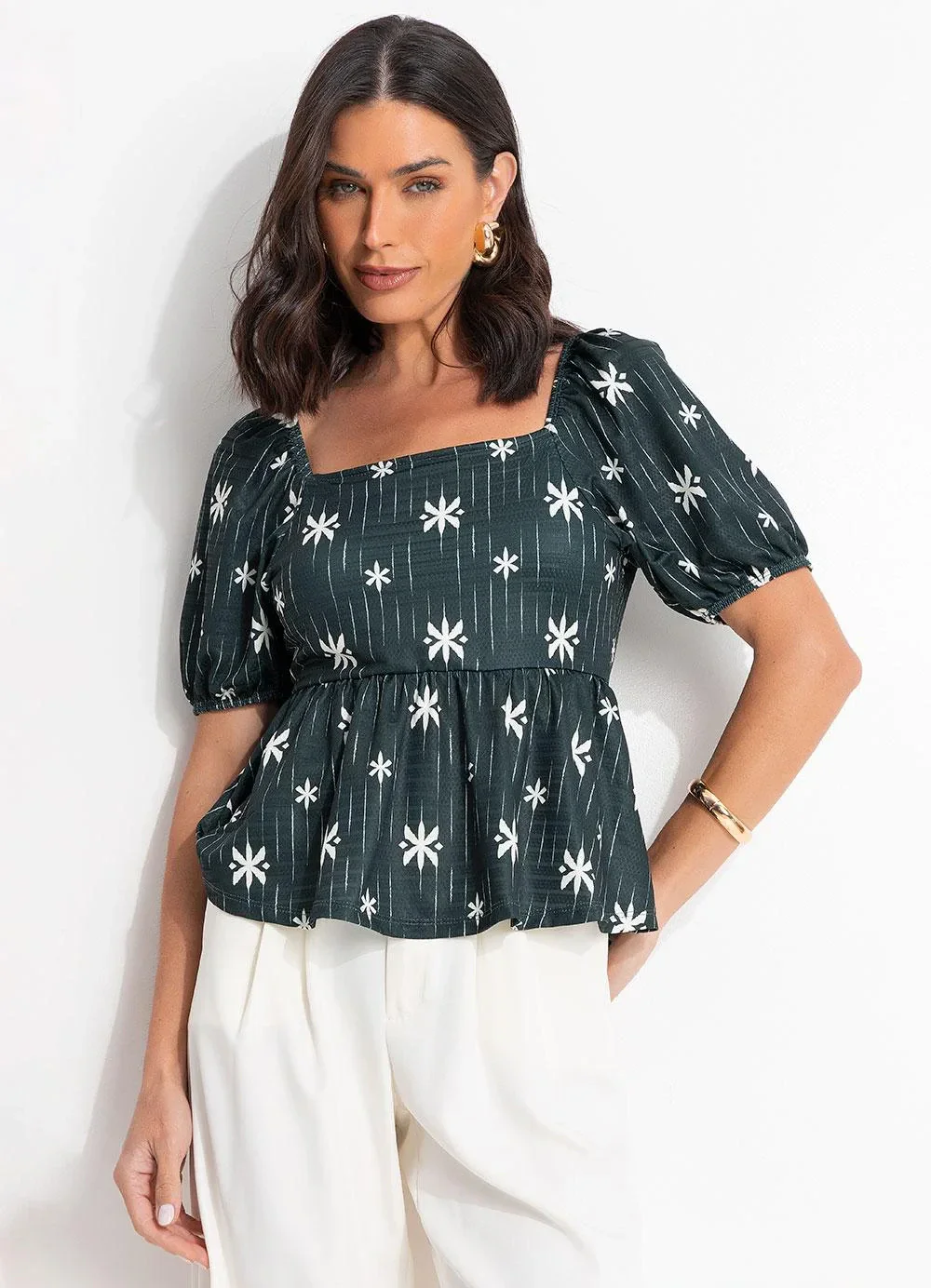 Quintess - Blusa Étnico Verde em Malha Texturizada