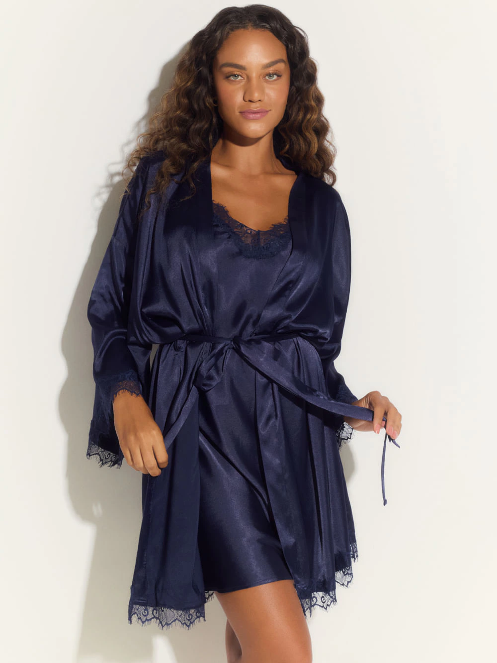 Kit Camisola e Robe Cetim Renda Angelina Azul Marinho