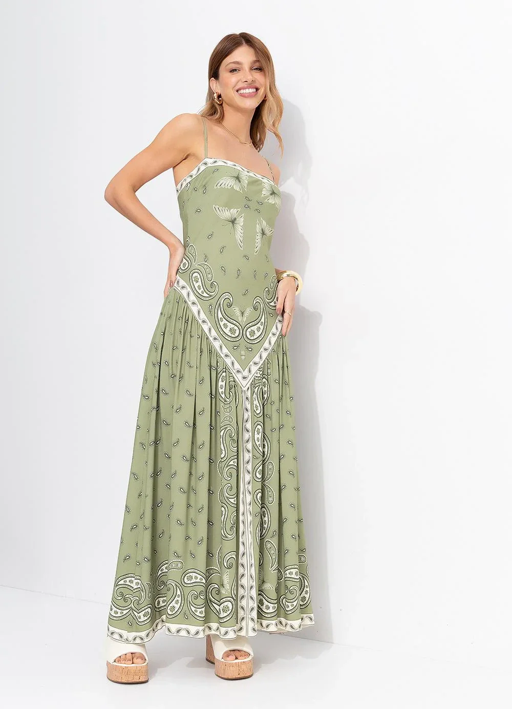 Farm - Vestido Longo Bandanas Jardim Verde