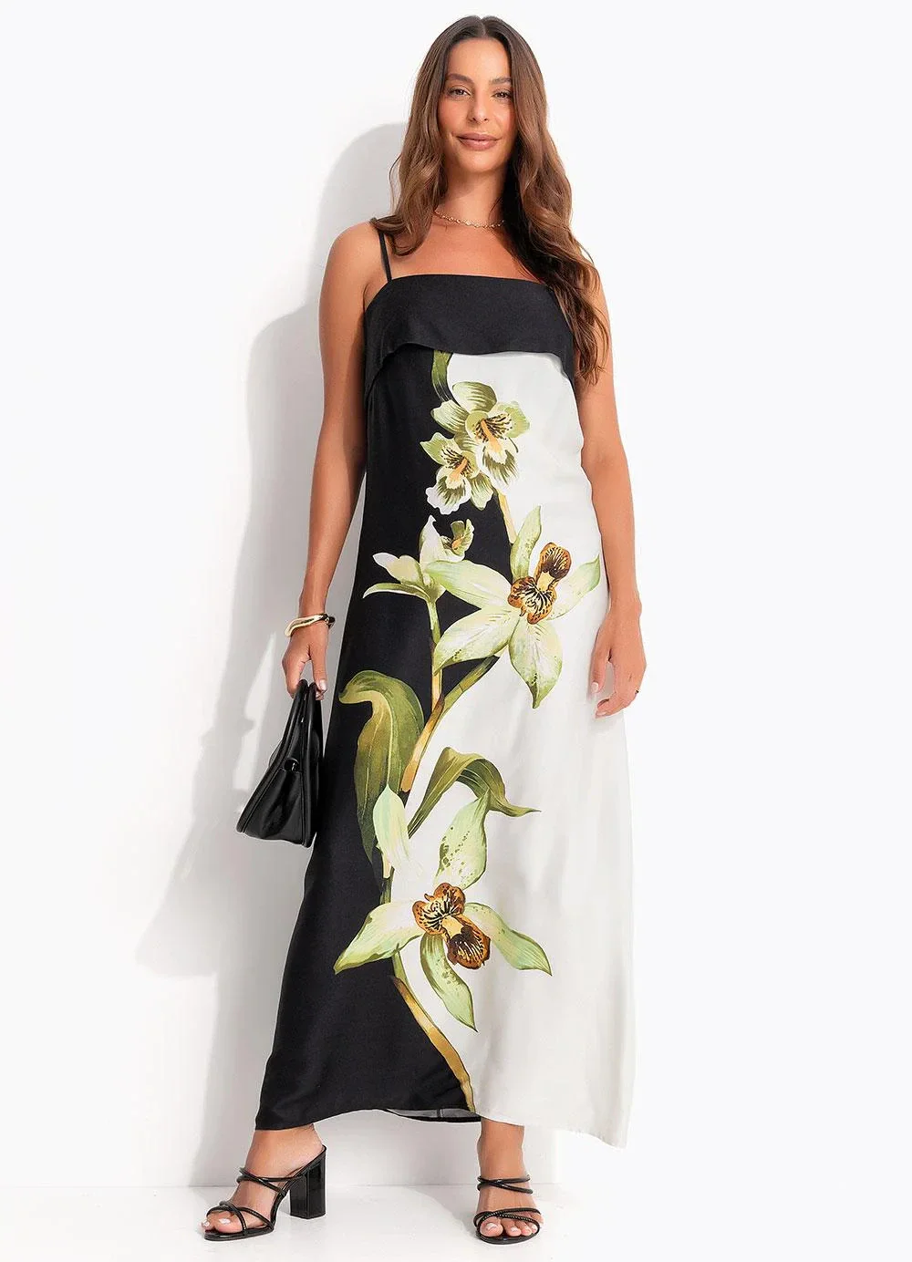 Farm - Vestido Longo Pala Floral Orquídea Preto