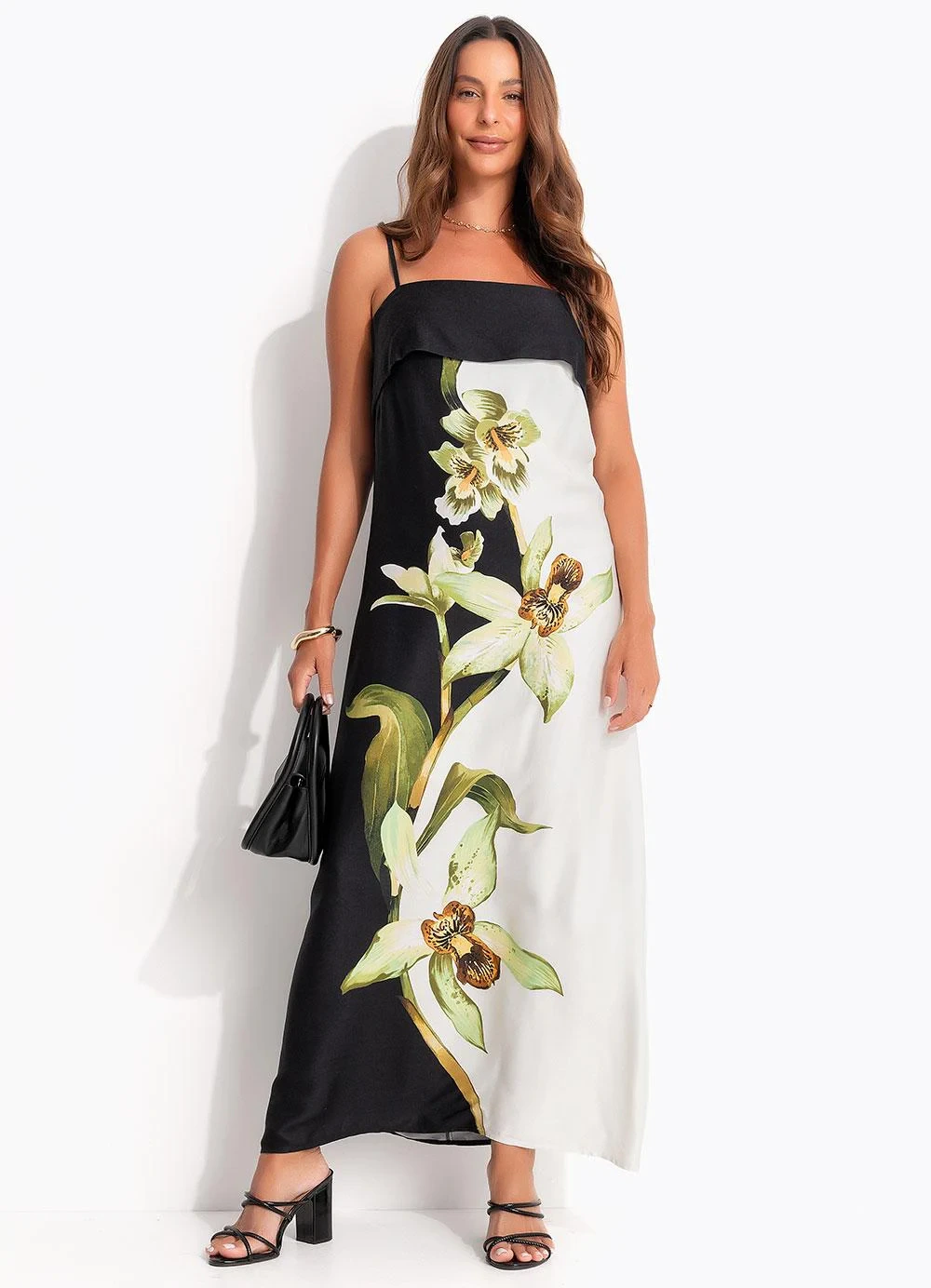Farm - Vestido Longo Pala Floral Orquídea Preto