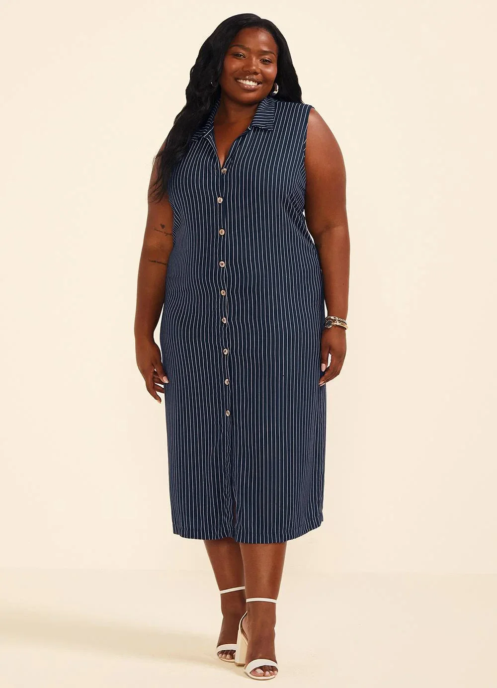 Marialícia - Vestido Midi Chemise Feminino Listrado Azul