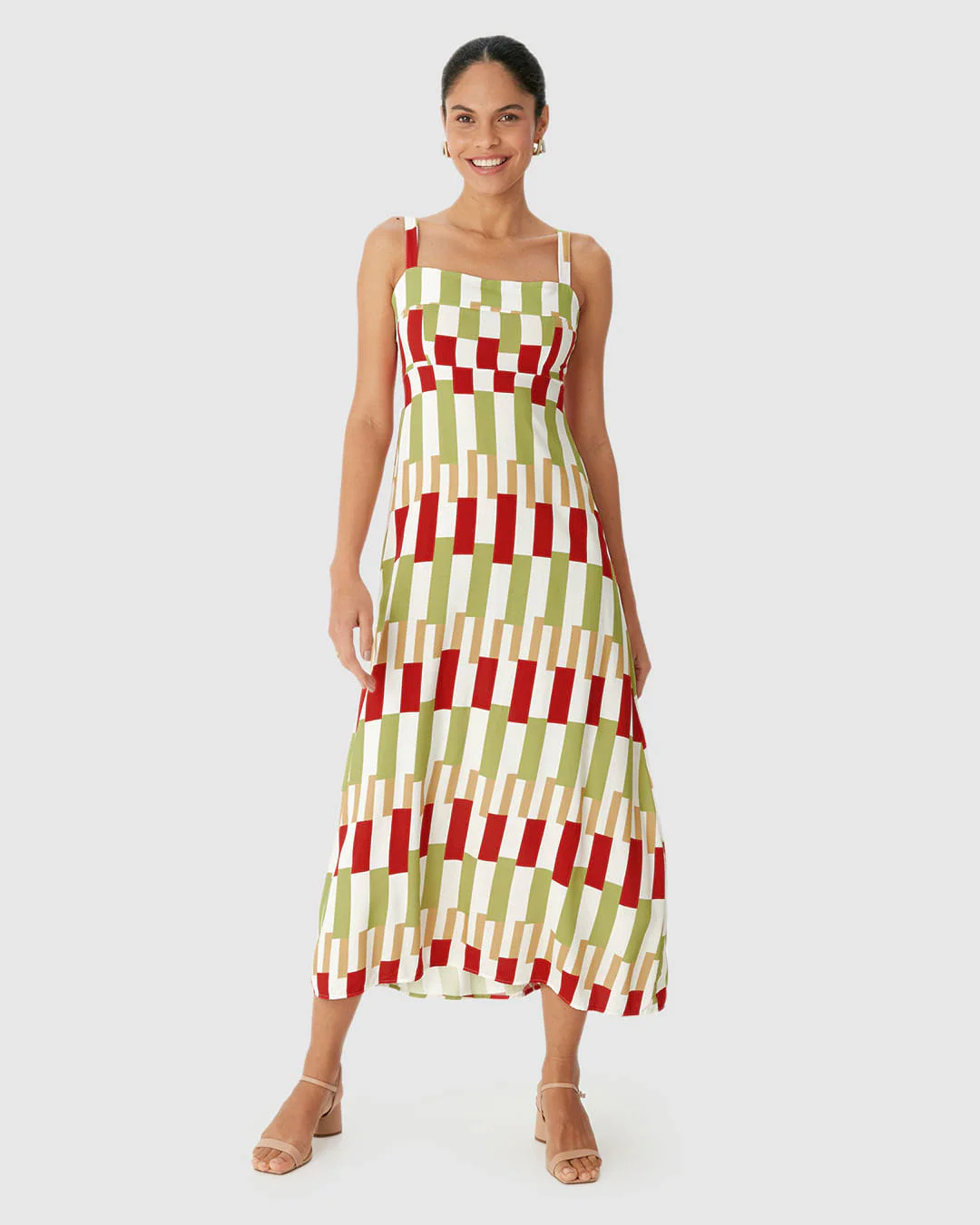 Vestido Midi Feminino Reto Acinturado Estampa Digital Em Viscose