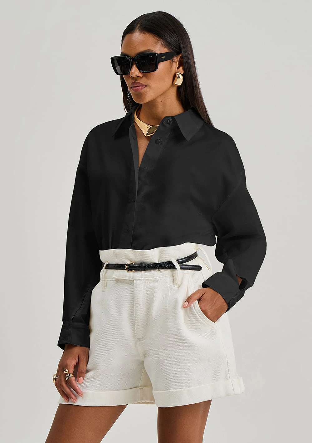 Camisa Iódice Oversized Polo Manga Longa Padrão Preto