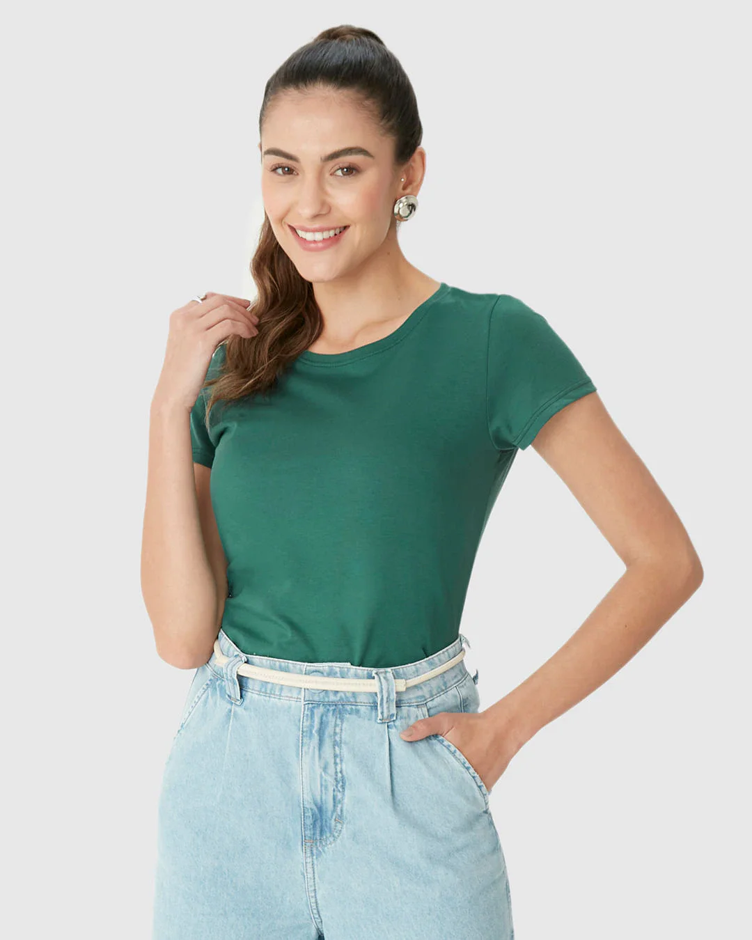 Blusa Básica Feminina Baby Look Em Malha Algodão Pima