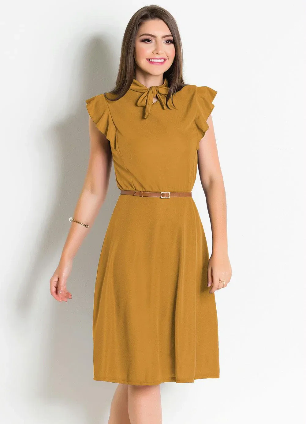 Rosalie - Vestido Mostarda com Gola Laço
