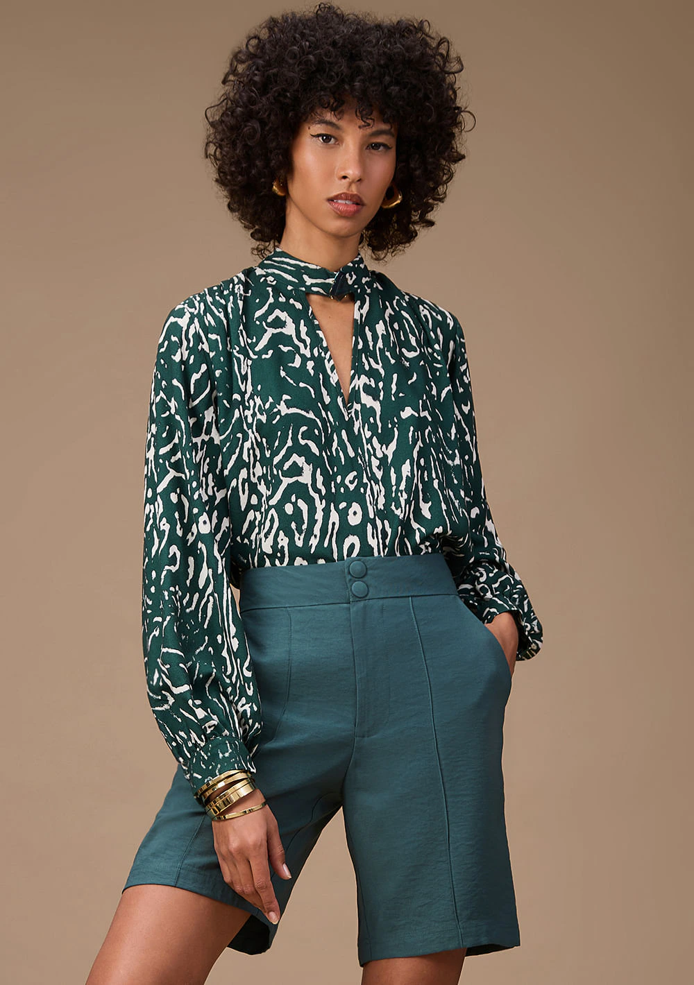 Blusa Maria.Valentina Solta Decote V Manga Longa Padrão Verde