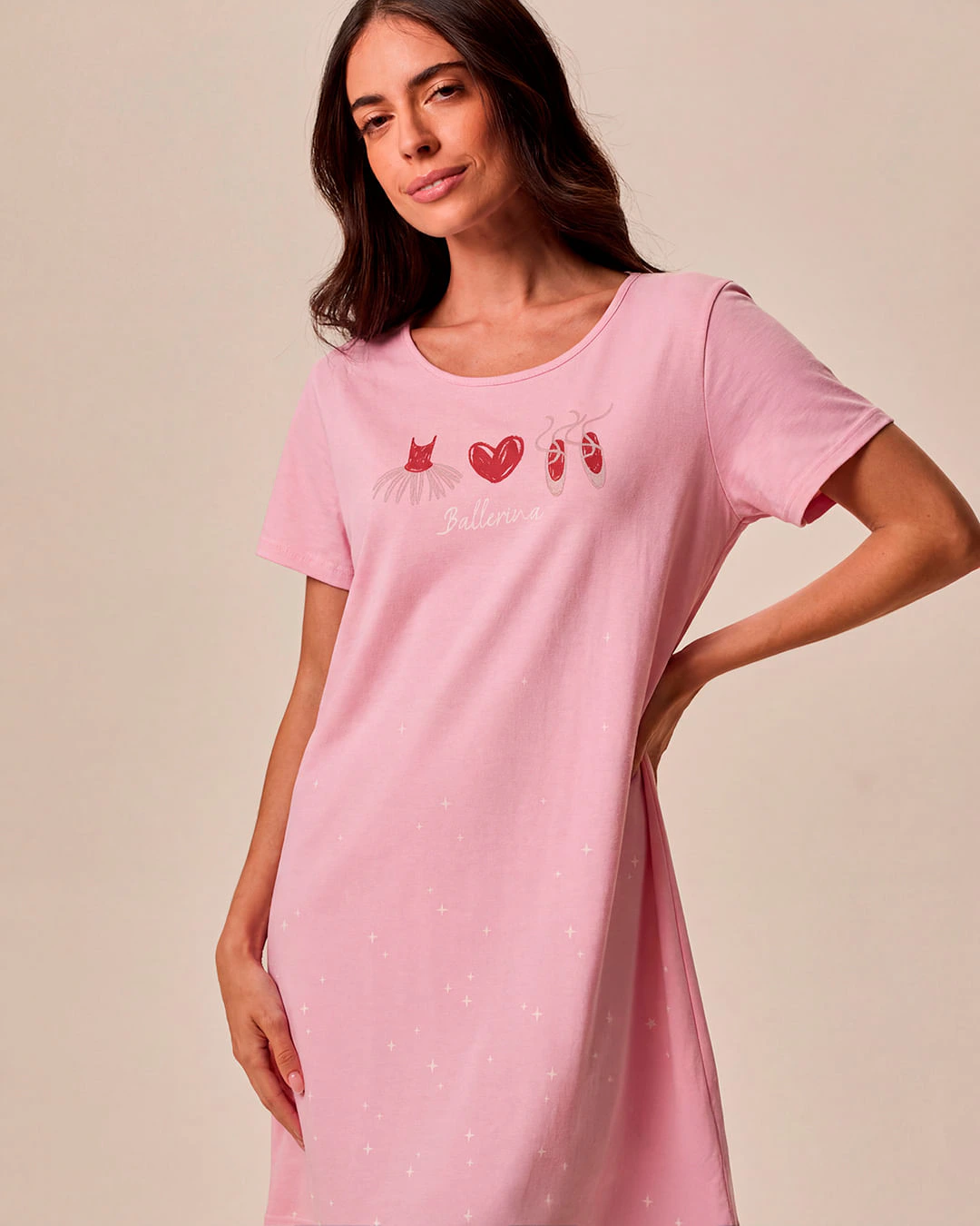 Camisola Feminina Manga Curta Estampa Balletina Em Meia Malha 100% Algodão