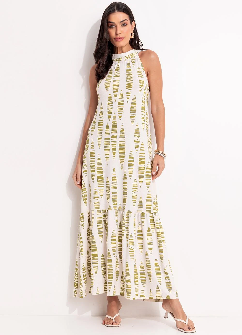 Quintess - Vestido Folhas Listradas em Malha de Viscose