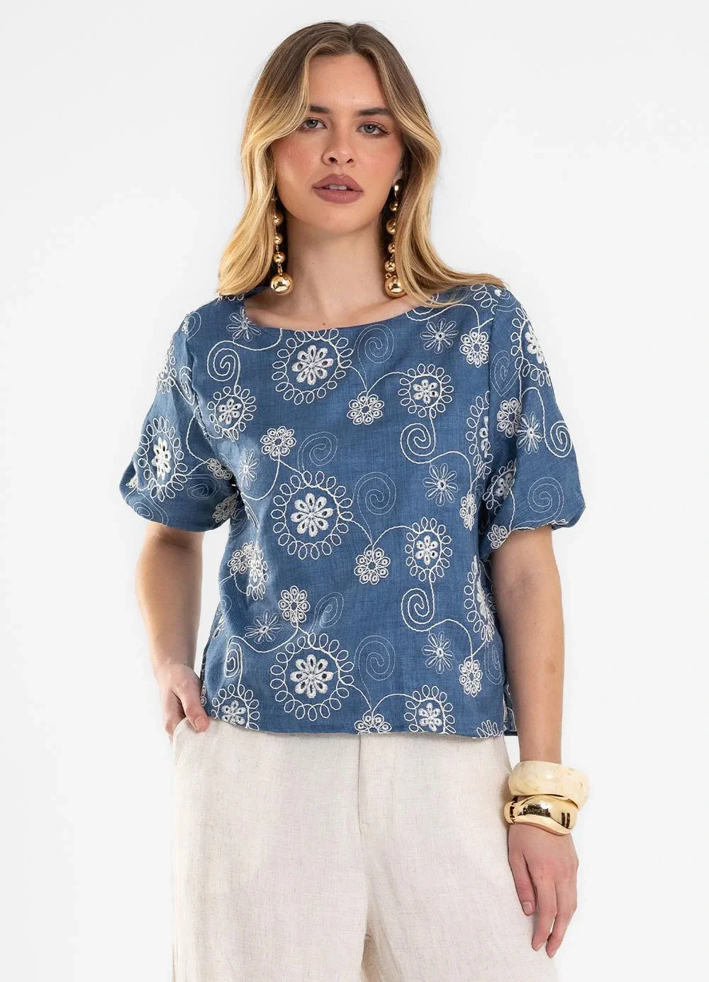 Rovitex - Blusa Feminina em Poly BordadoAzul