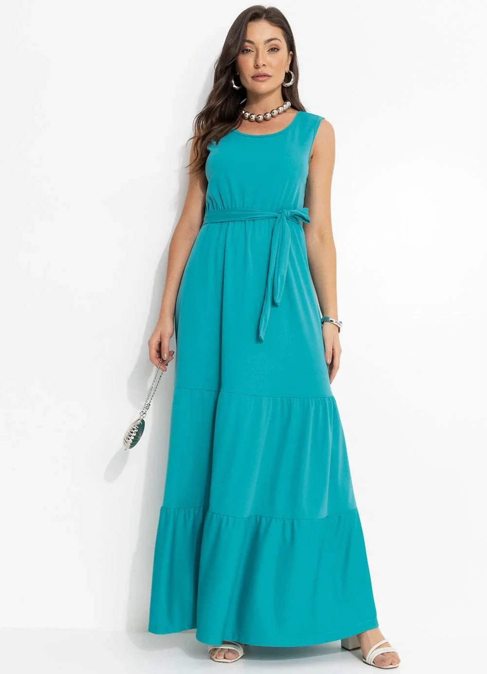 Moda Pop - Vestido Longo Turquesa com Babados