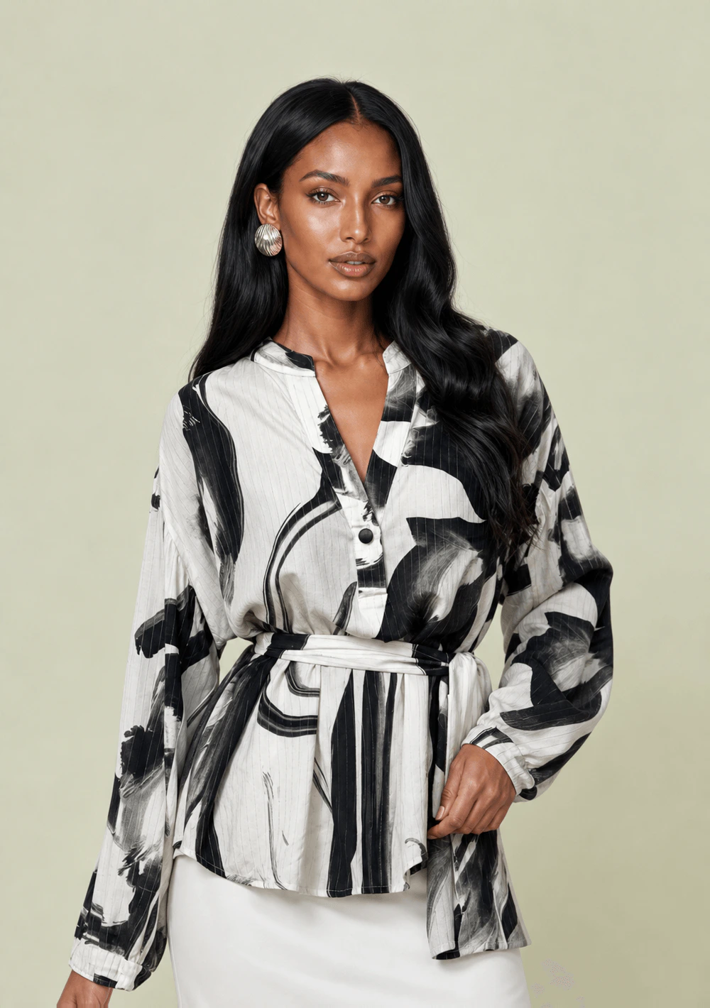 Blusa Maria.Valentina Solta Decote V Manga Longa Padrão Preto