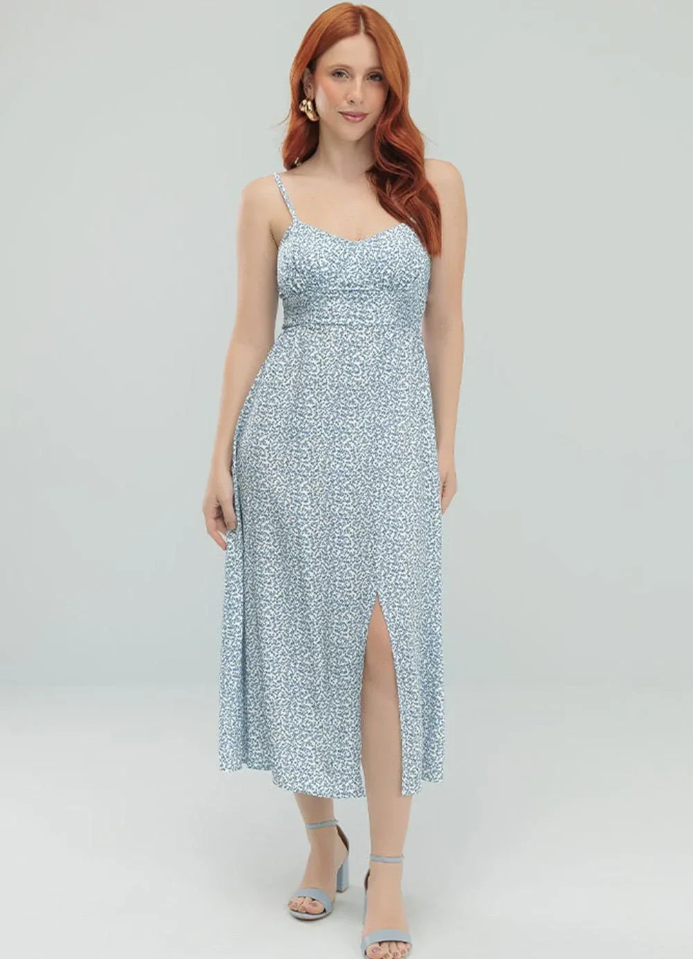 Angel - Vestido Midi Viscose Estampada Azul
