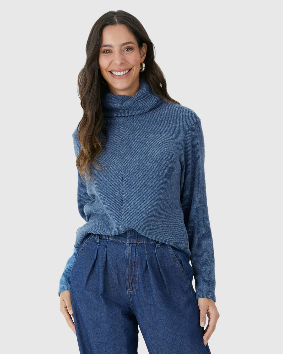 Blusa Ampla Feminina Gola Alta Em Tricô Rajado Flanelado