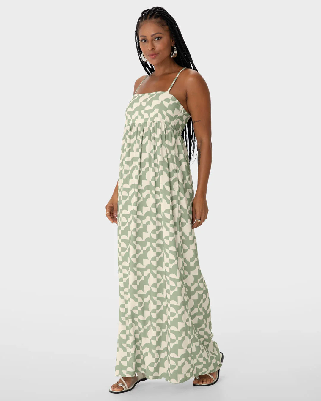 Vestido Longo Feminino Estampa Geométrica Decote Reto Em Viscose - ENFIM