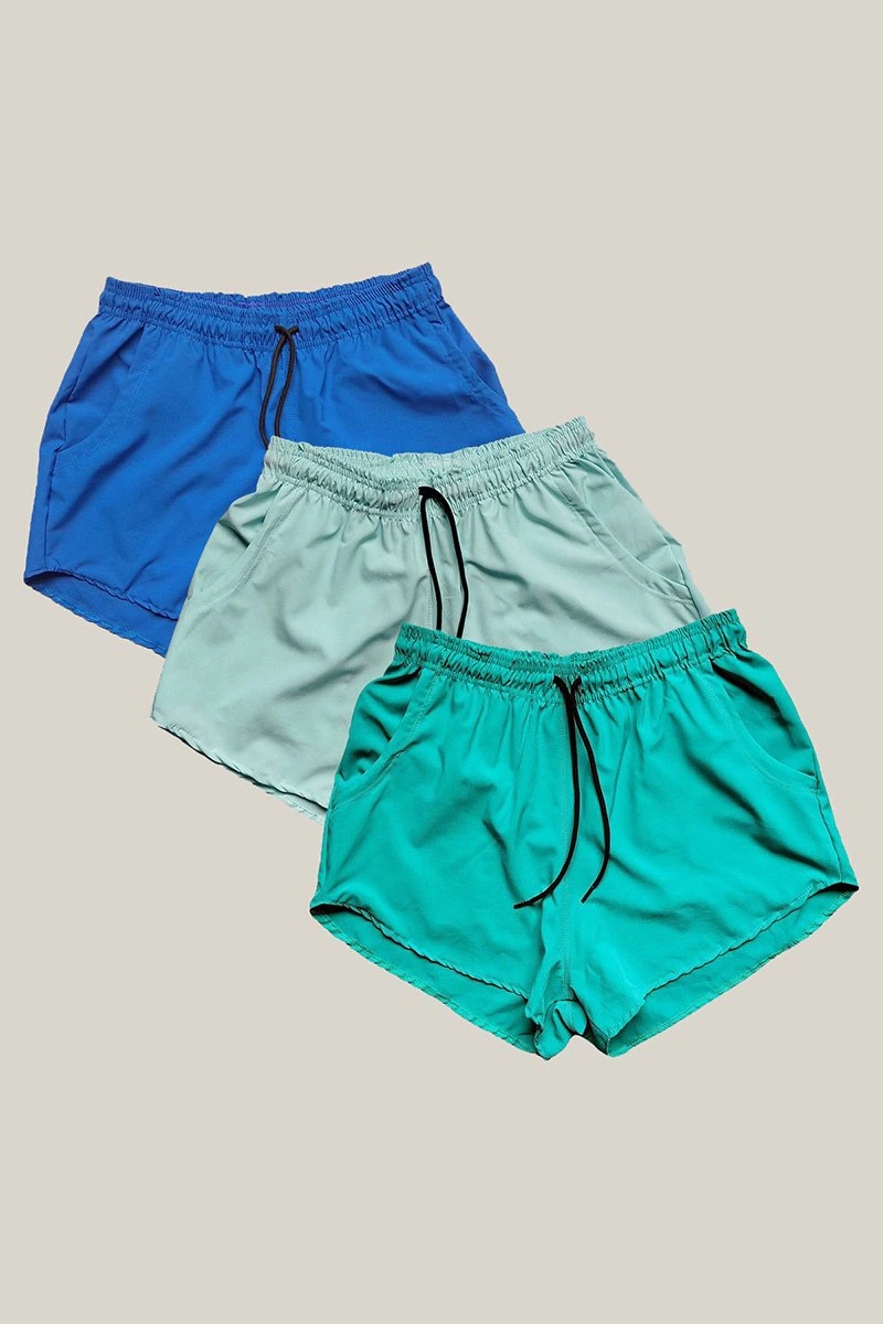 Kit 3 Shorts Praia Feminino Elastano Premium WSS Azul Verde e Verde Água Verde