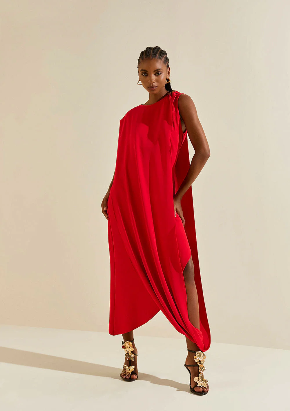 Vestido Morena Rosa Solto Decote Careca Sem Manga Midi Vermelho