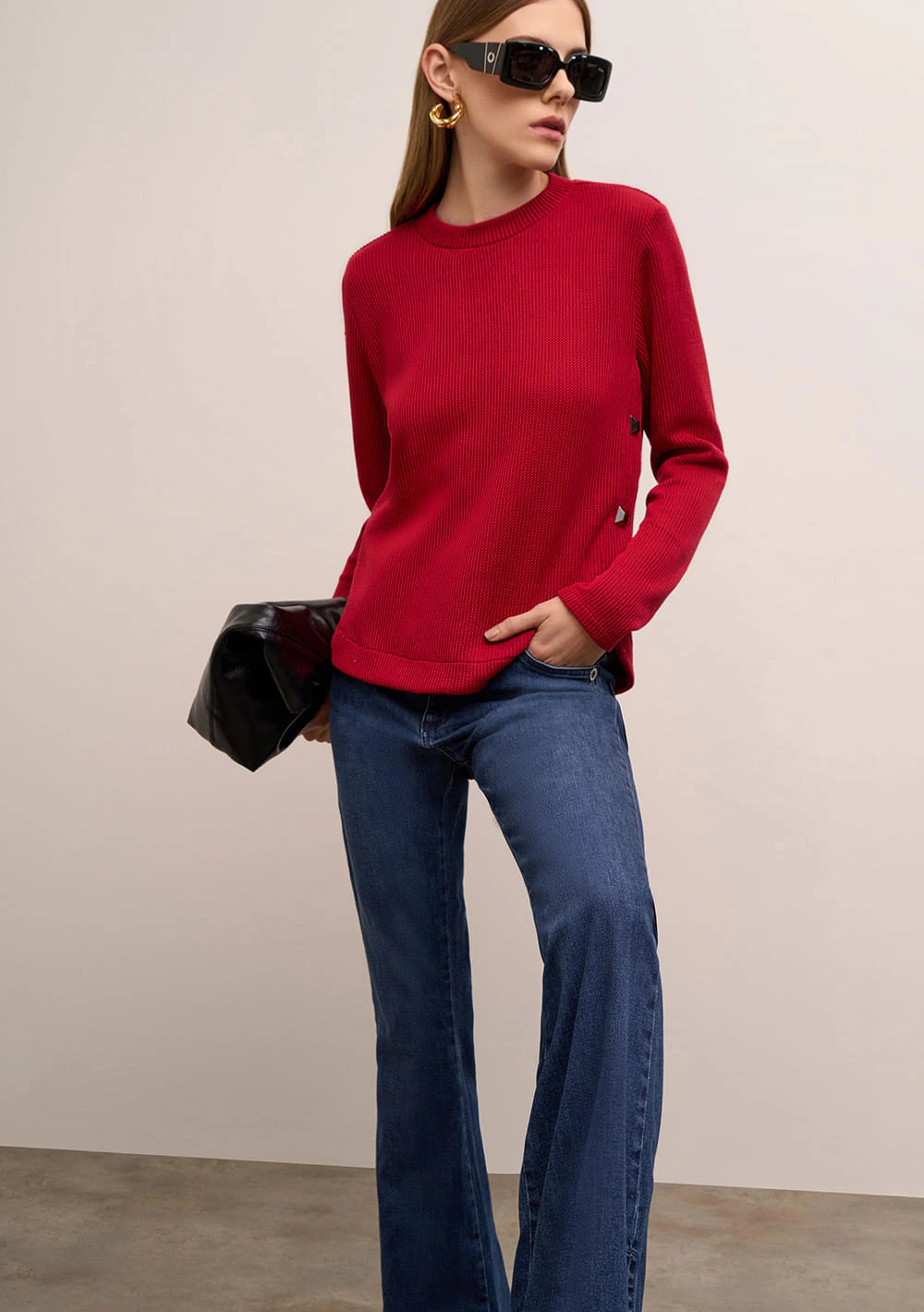 Blusa Iódice Solta Decote Careca Manga Longa Padrão Vermelho