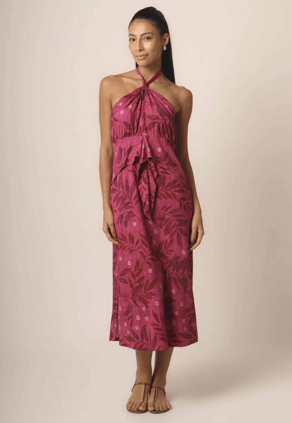 Vestido Fluxy Frente Única Com Faixa - Nature Print Pink