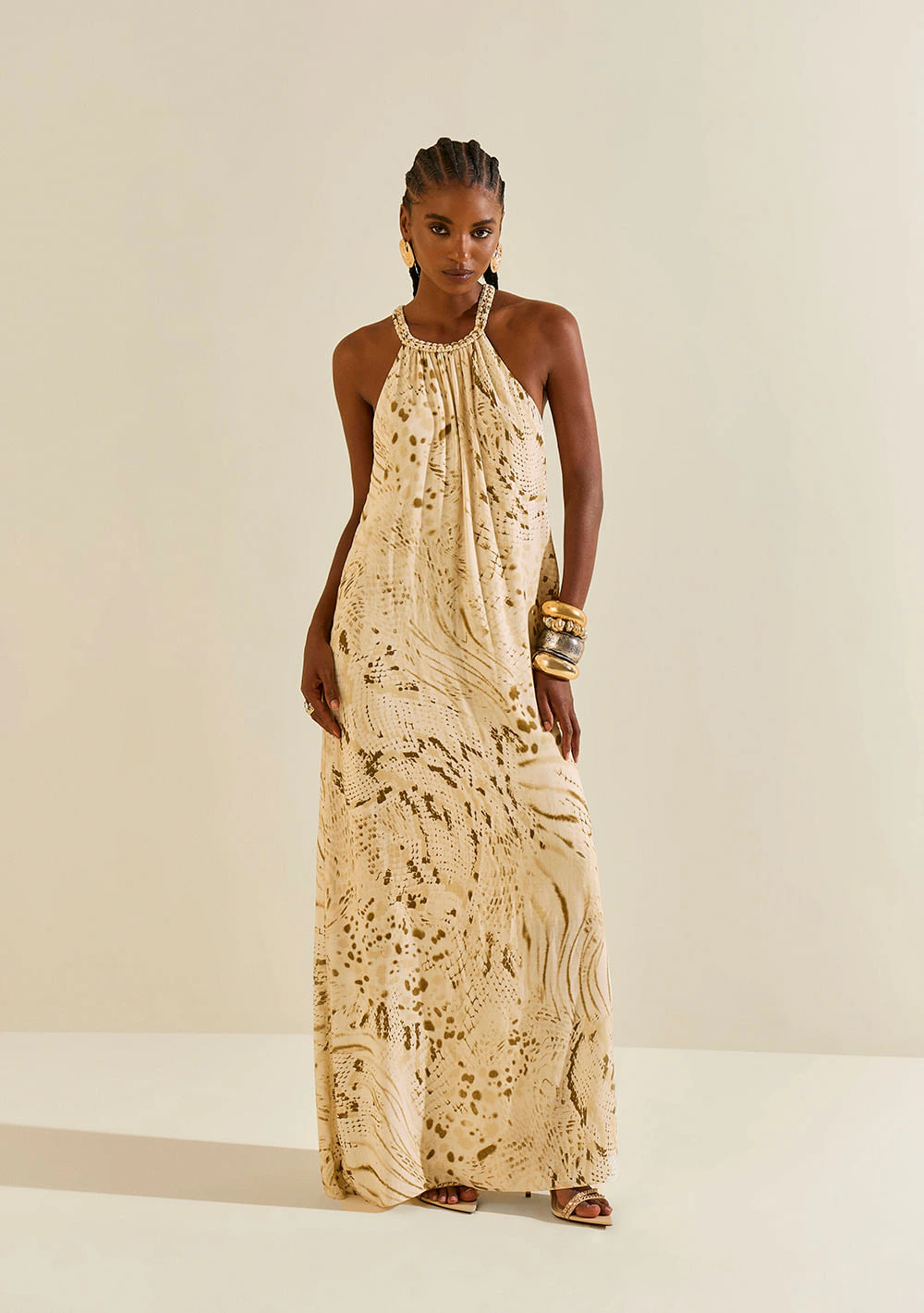 Vestido Morena Rosa Solto Decote V Sem Manga Longo Off White