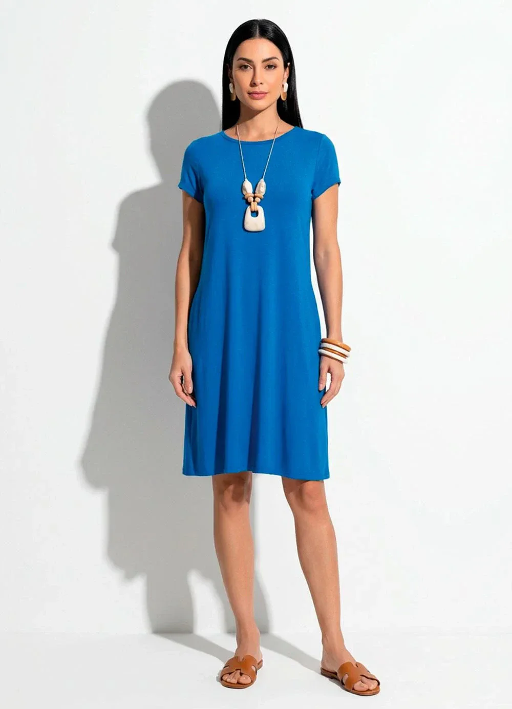 Quintess - Vestido Azul com Bolsos e Mangas Curtas