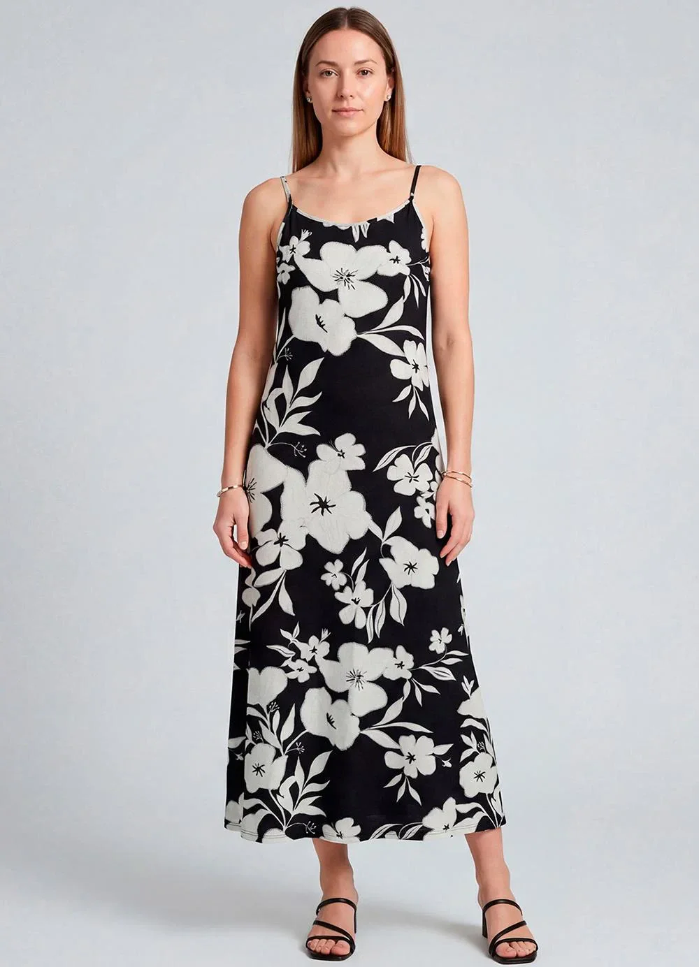Infinita Cor - Vestido Midi com Alças Finas Preto