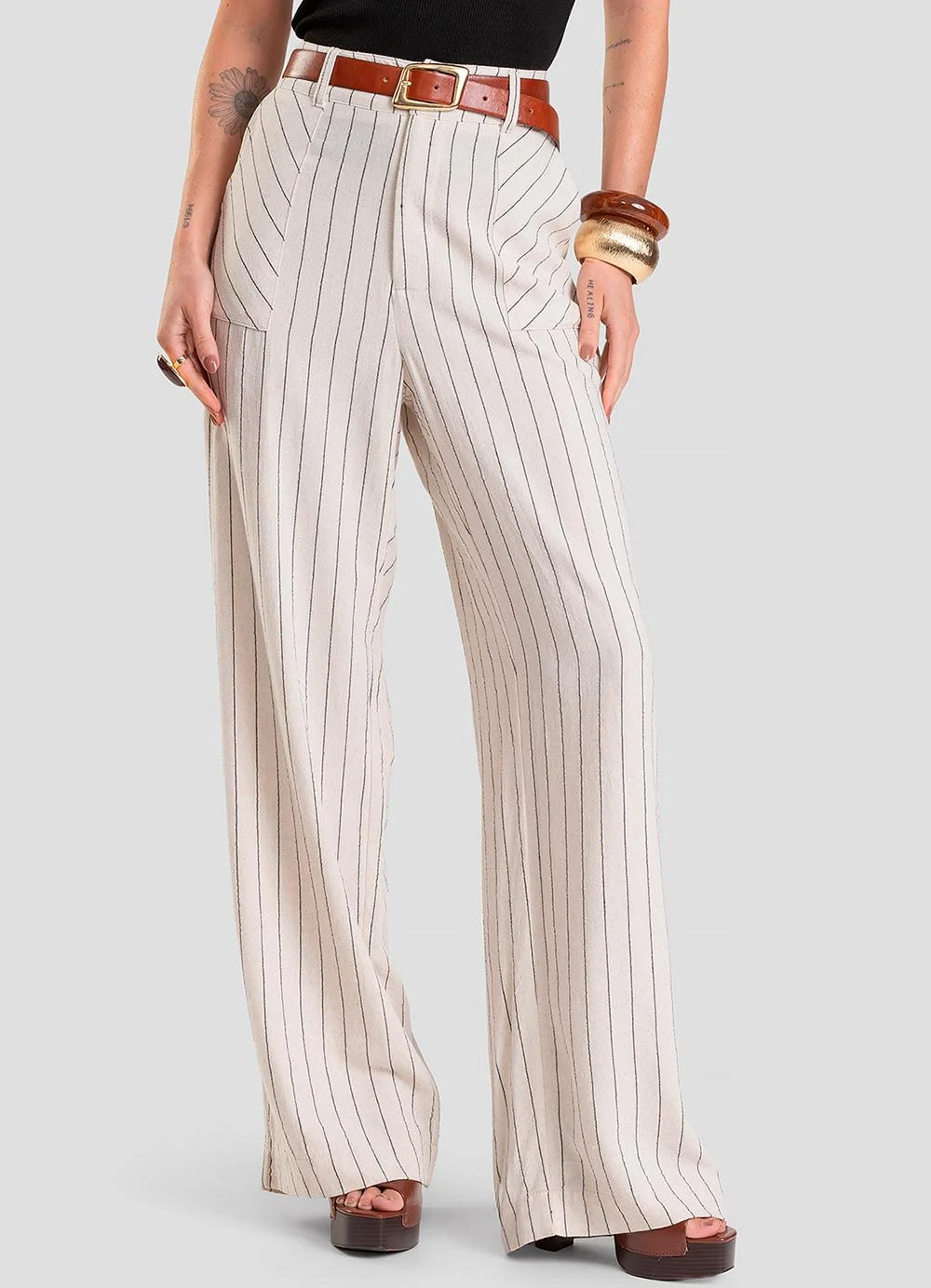 Dianna - Calça Pantalona Feminina Bege