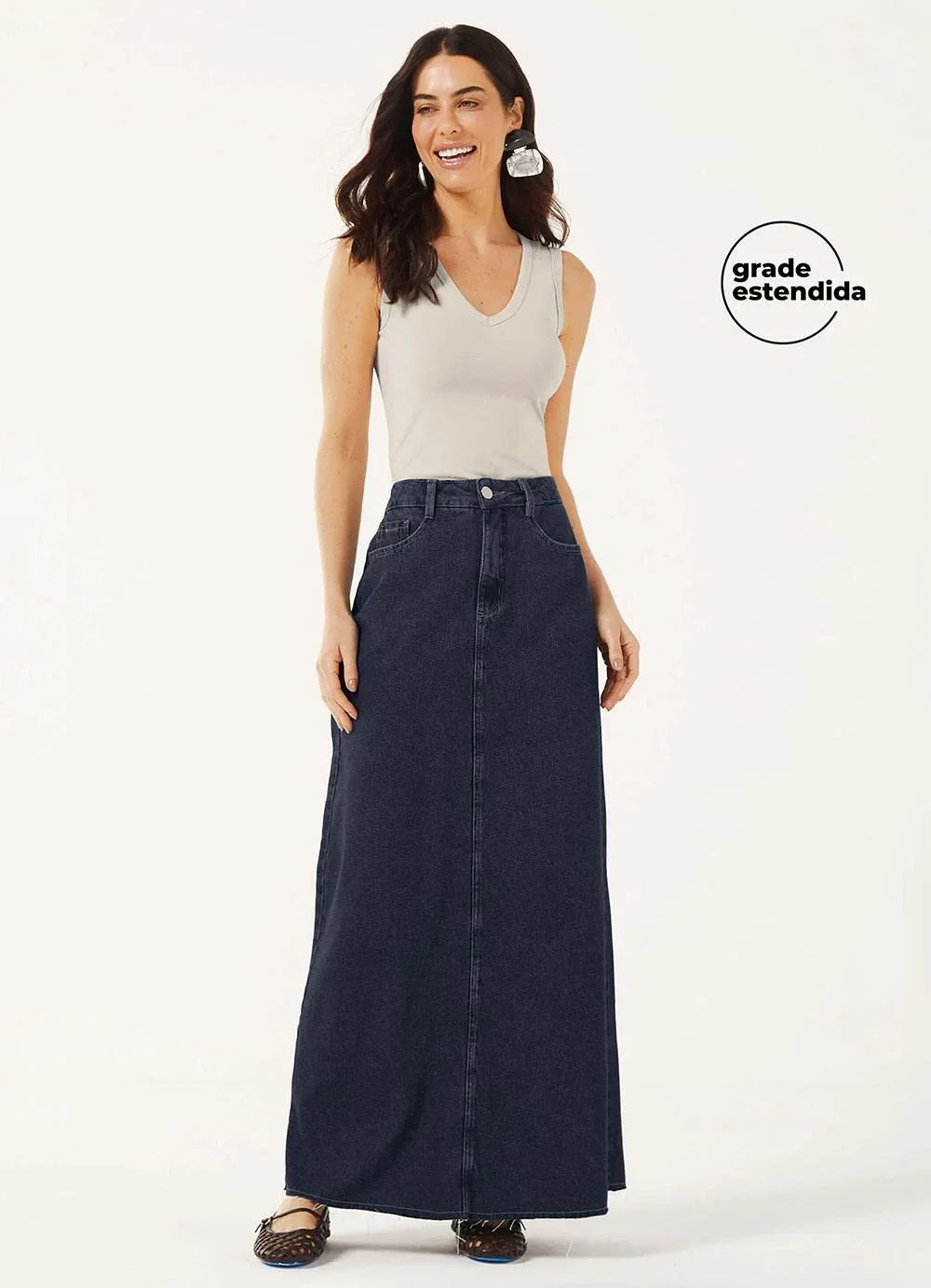 Marialícia - Saia Longa Feminina Jeans Azul