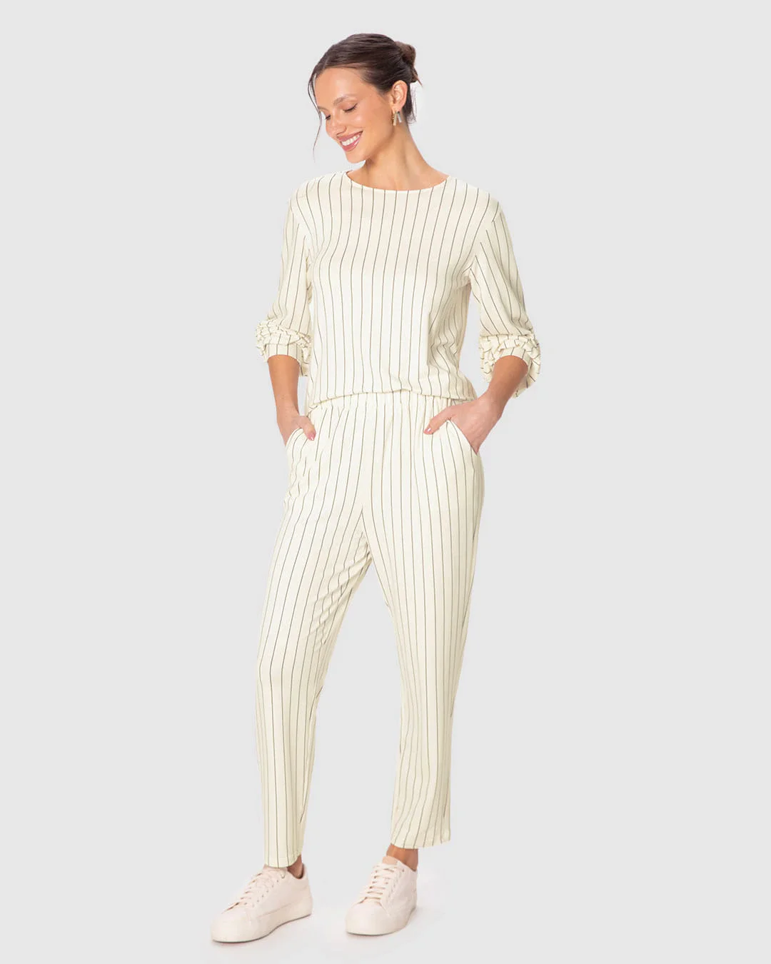 Conjunto Feminino Listrado Calça Bolso Faca Em Moletinho De Viscose