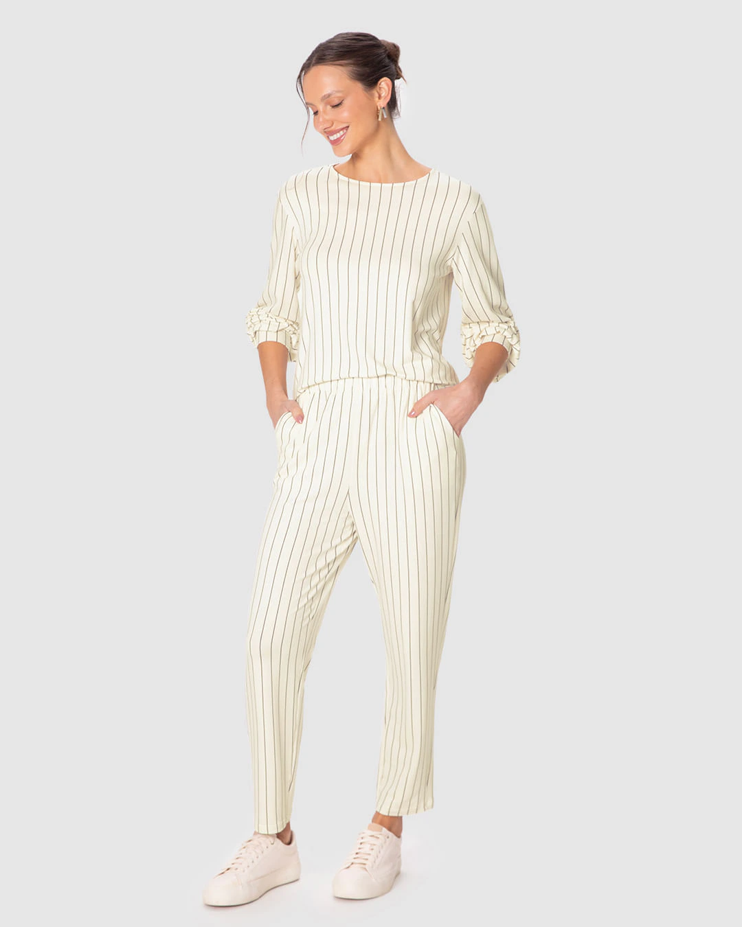 Conjunto Feminino Listrado Calça Bolso Faca Em Moletinho De Viscose