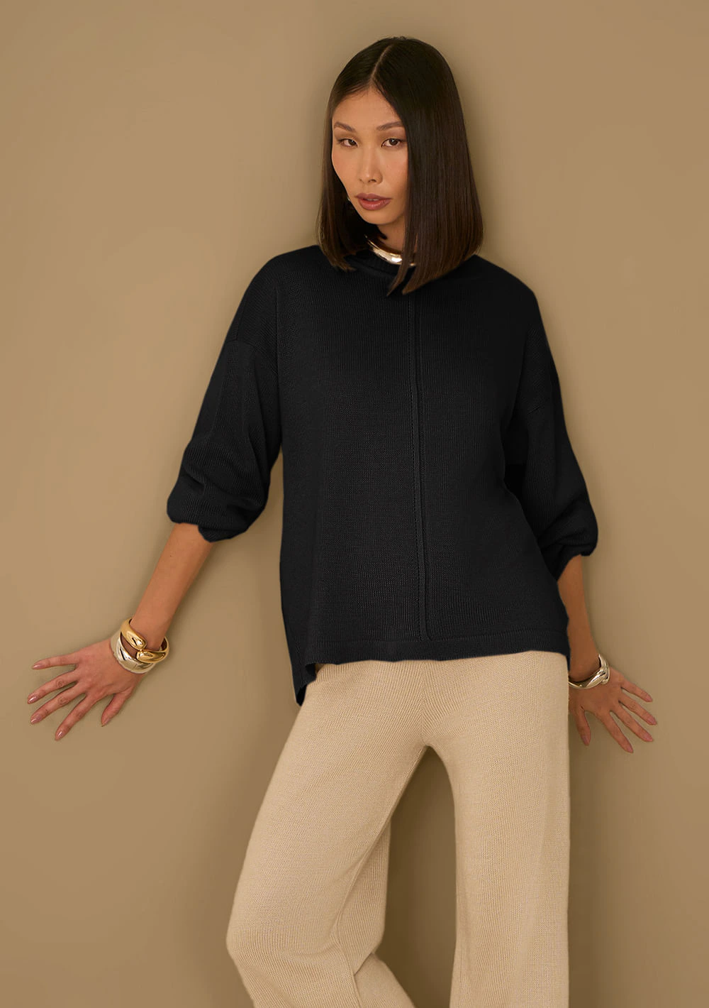 Blusa Maria.Valentina Solta Gola Alta Manga Longa Padrão Preto