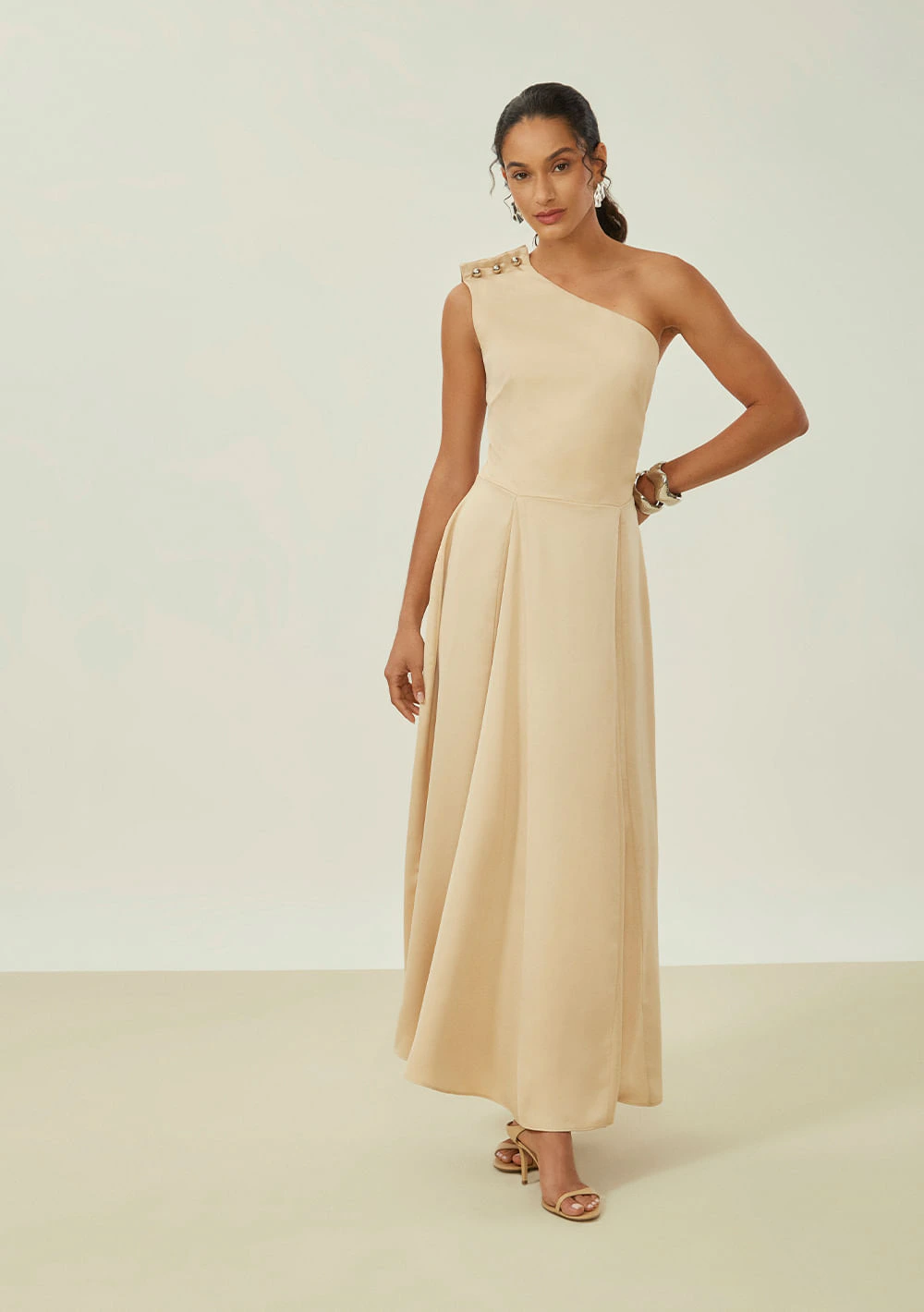 Vestido Maria.Valentina Ajustado Um Ombro Só Sem Manga Longo Bege
