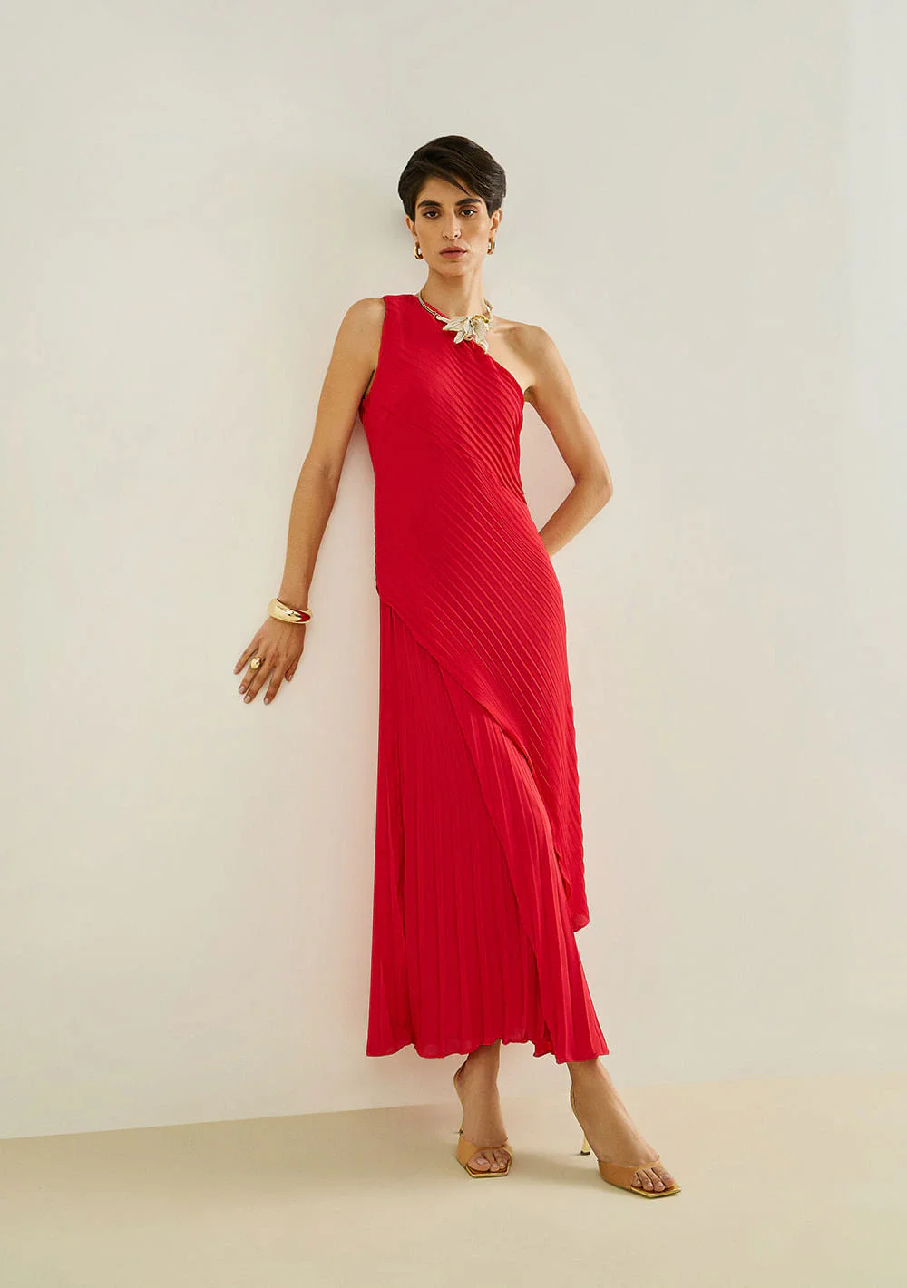Vestido Maria.Valentina Solto Um Ombro Só Sem Manga Longo Vermelho