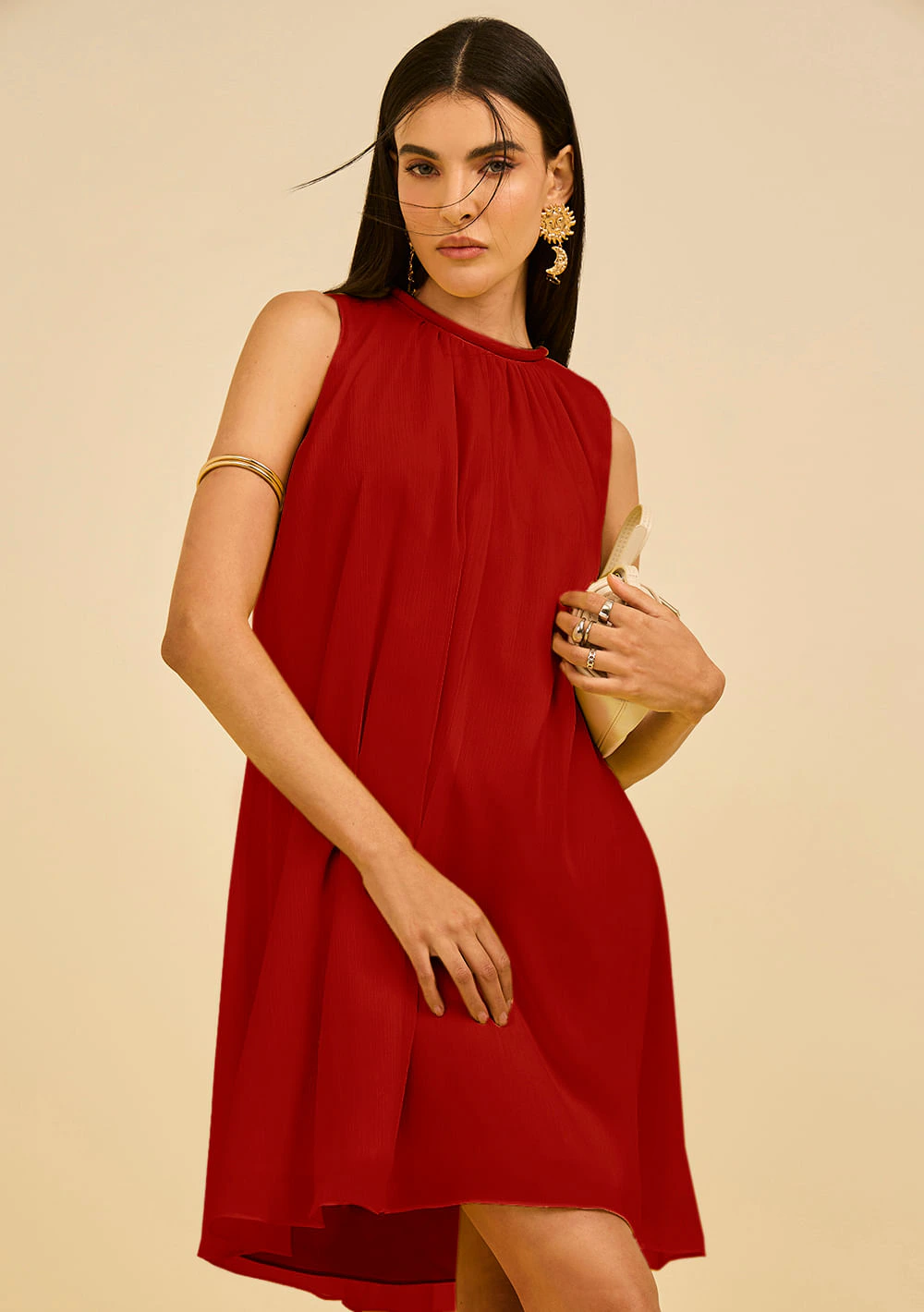 Vestido Zinco Solto Cava Francesa Sem Manga Curto Vermelho