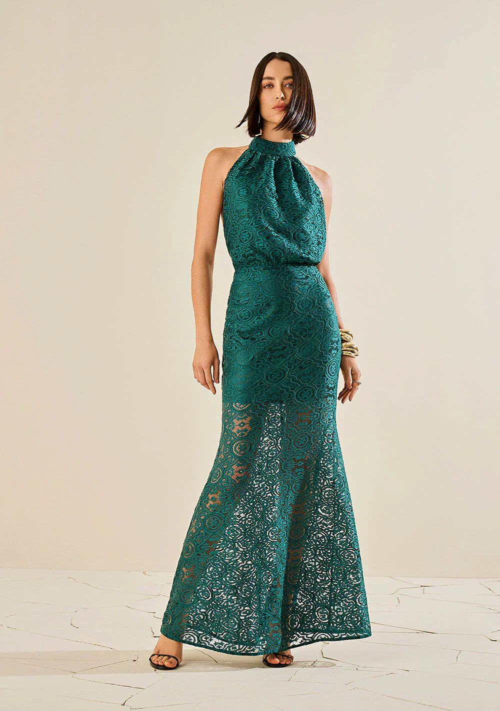 Vestido Morena Rosa Ajustado Cava Francesa Sem Manga Longo Verde