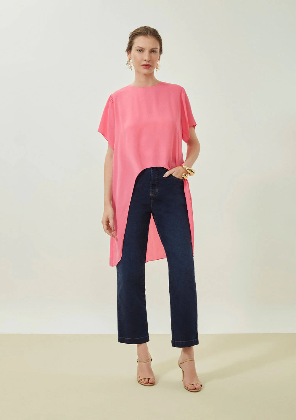 Blusa Maria.Valentina Solta Decote Canoa Manga Curta Alongada Rosa