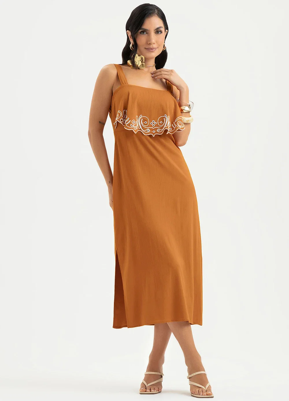 Cativa - Vestido Midi em Viscose Laranja Escuro