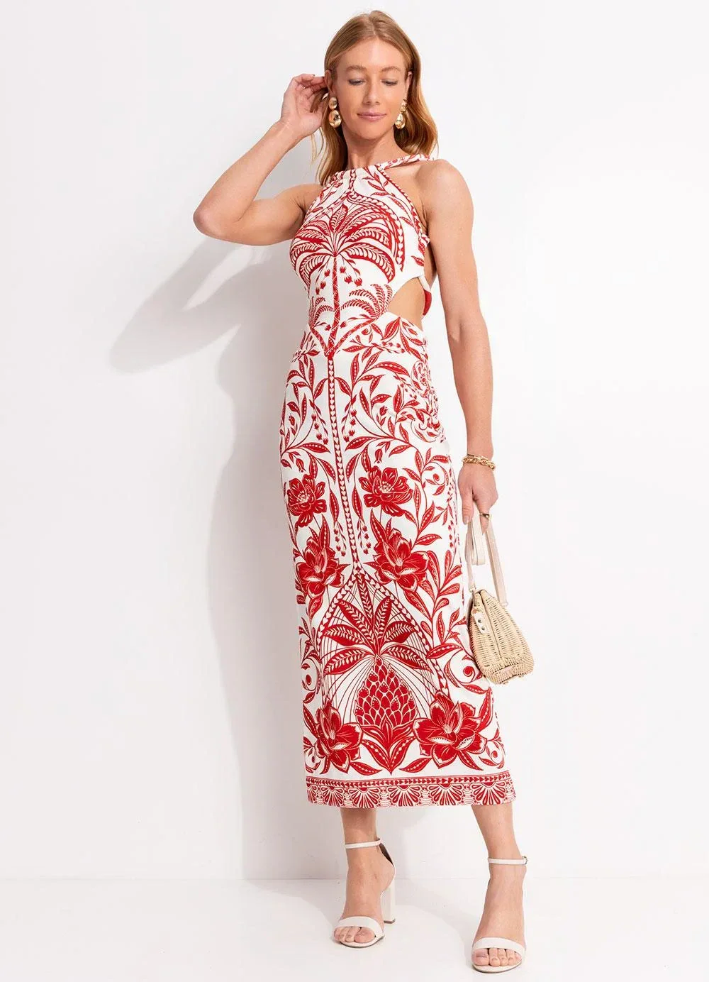 Farm - Vestido Midi Coqueiro de Flor Vermelho