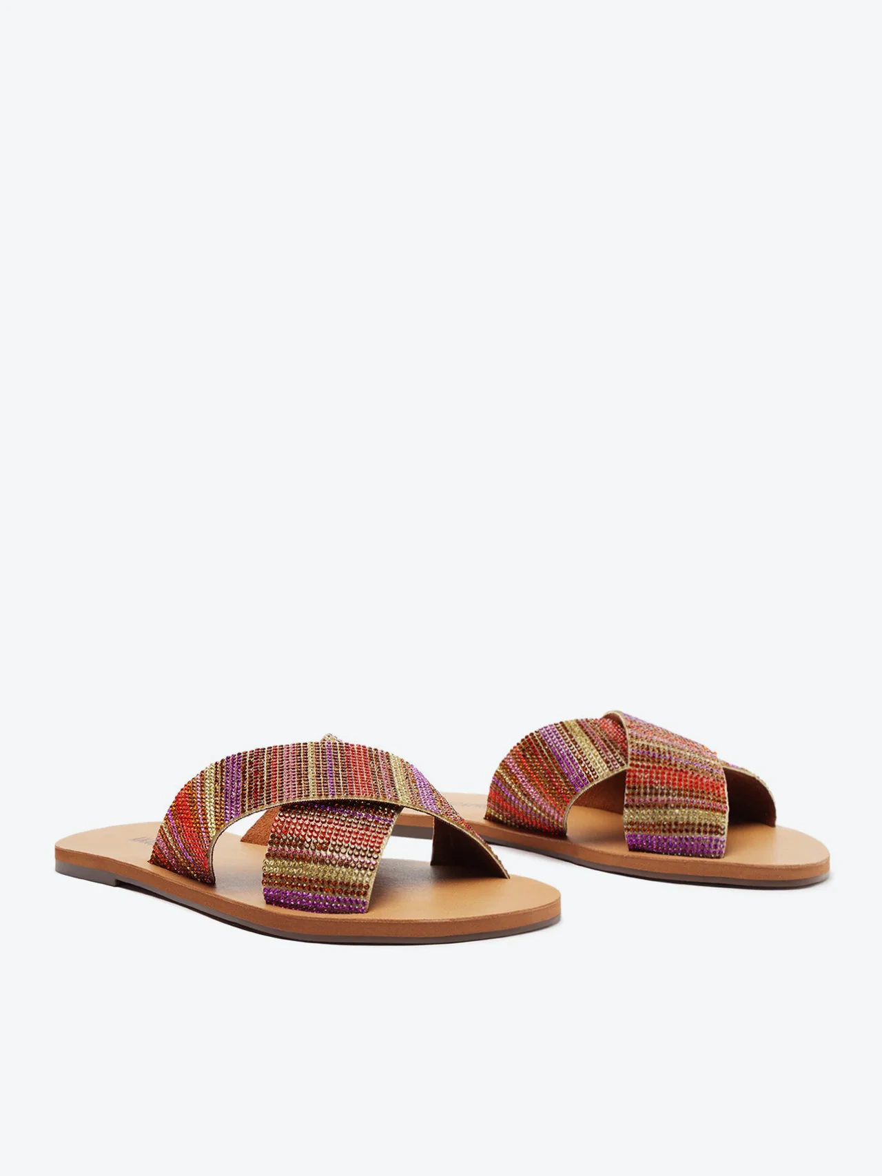 Rasteira Tiras Cruzadas Strass Glam Multicolor