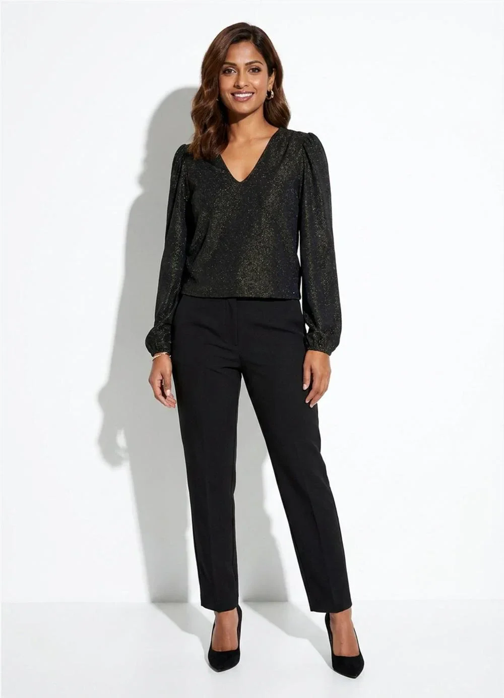 Marialícia - Blusa Feminina Manga Bufante Lurex Preto